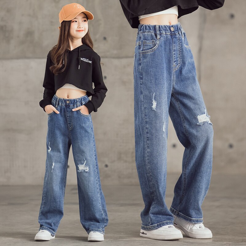 coréen déchiré jambes larges filles jean solide taille élastique droite enfants pantalons 3-15 ans printemps et automne enfants vêtements