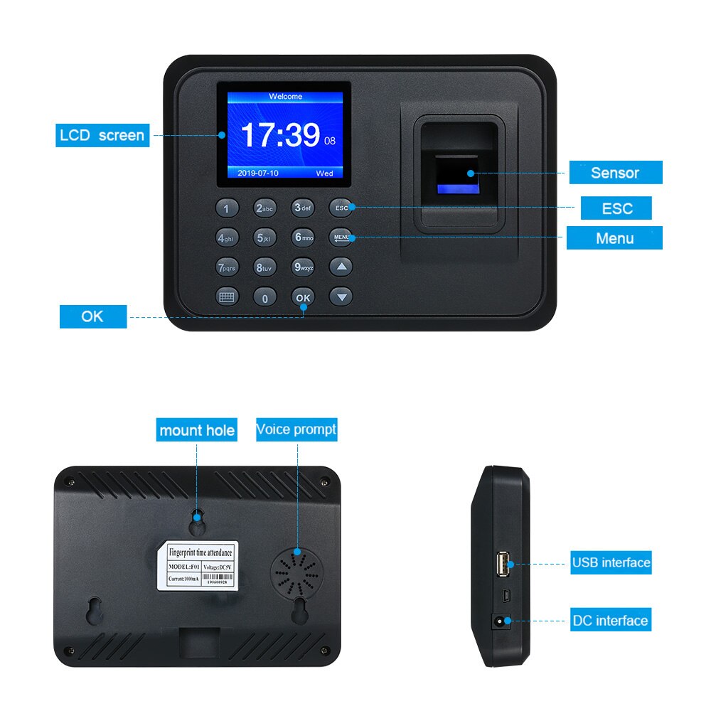 2.4&quot; TFT LCD Display Fingerprint Attendance Machine USB Biometric Employee Checking-in Reader Time Clock Recorder DC 5V/1A