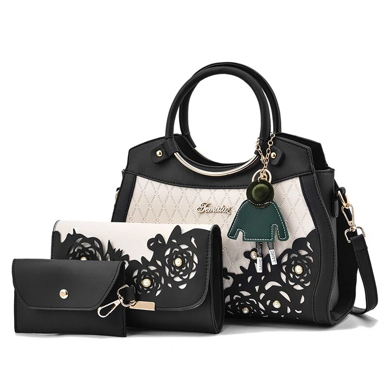 Vrouwelijke Composiet Tassen Hollow Out Ombre Handtas Bloemenprint Schoudertas Dames Pu Leather Casual Tassen Vintage Bolsa: black