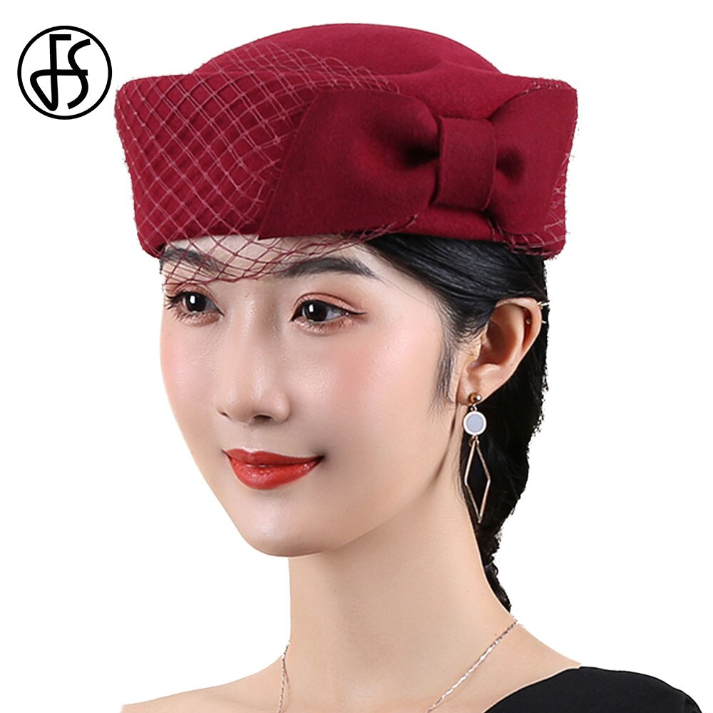 FS British Vintage Bowknot Black Veil Fascinator Hat Women Wool Felt Pillbox Hats Bridal Wedding Party Fedora Church Beret