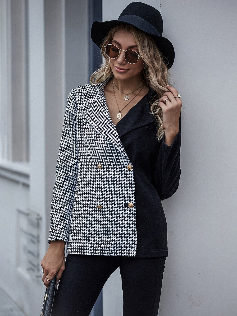 Alwaysq sort hvid gingham splice blazer overtøj kvinder kontor dame efterår forår dobbeltradet plaid casual frakker blazere