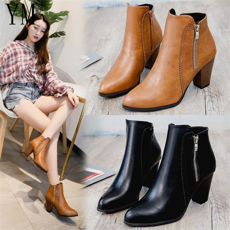 Return Women Ankle Boots PU leather Boots High heel 8cm Ladies shoes Side Zipper Short Boots for Women Shoes ship43