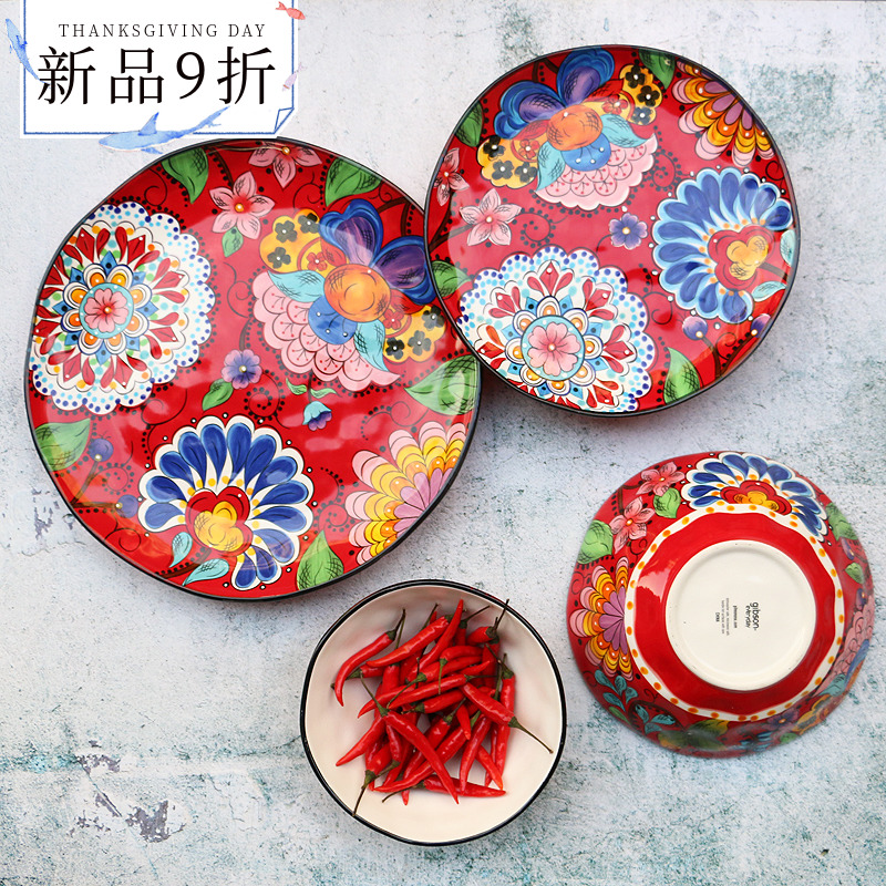 Vaisselle de table en céramique chinoise | Cuisine individuelle, peinte à la main, mariage rouge traditionnel chinois assiette de légumes ménagère bol ouest