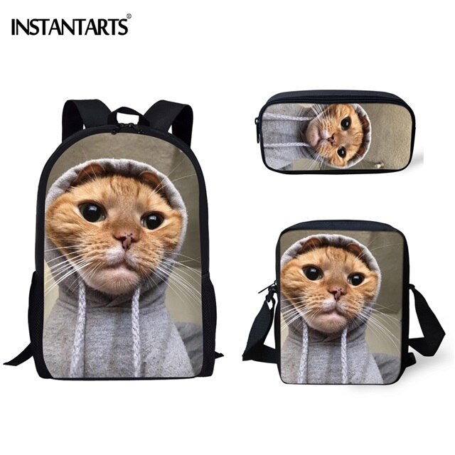 Instantarts kat humor 3d tryk børn skoletasker drenge piger studerende rygsæk lynlås stor taske crossbody taske blyant taske sæt: Hmc 384 cek