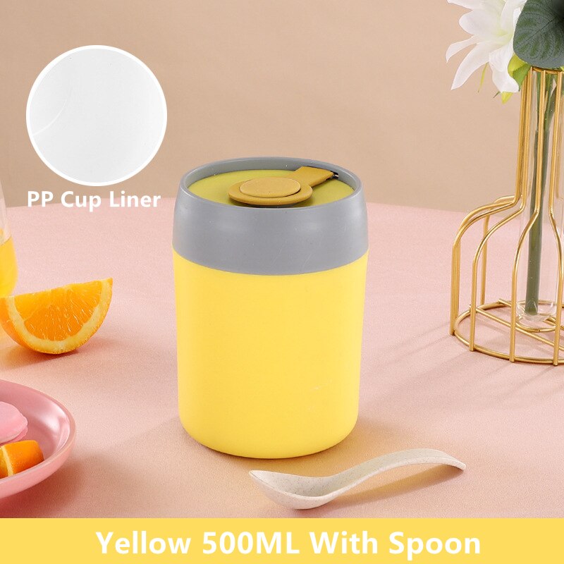 304 Stainless Steel Breakfast Cup Milk Oatmeal Insulation Cups Students Work Adult Insulating Soup Leakproof Cup With Spoon Lid: PP Yellow