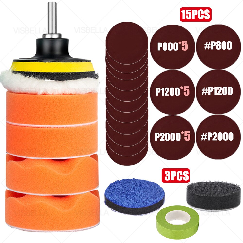 3Inch Car Polishing Kit Sponge Foam Pad Auto Headlight Wheel Polisher Polishing Refurbish Abrasive Disc Sandpaper Buffing Pads: package 7