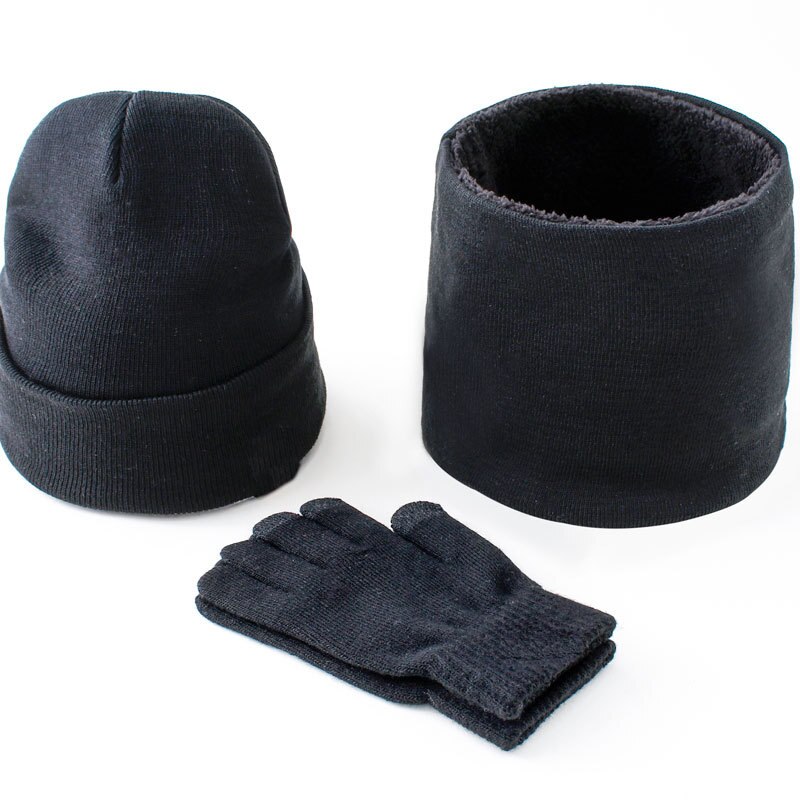 3 st/set mössor halsdukshandskar par vinter vindtäta tjocka halsdukar kit stickad plus sammetsmössa scarfset för män: Balck