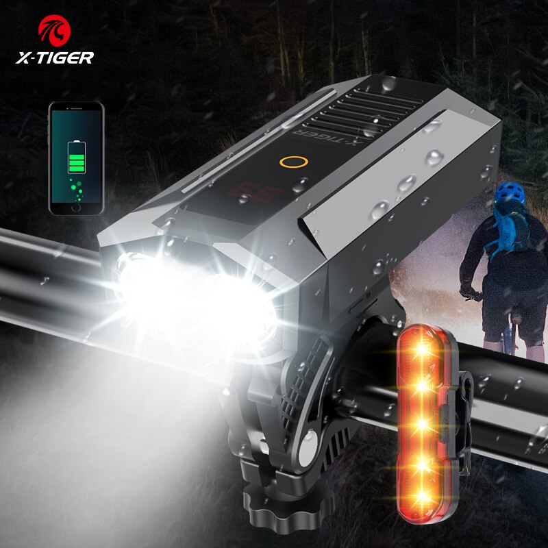 Juego de luces delanteras para bicicleta de X-TIGER, lámpara LED resistente al agua, recargable vía USB, 5200mAh