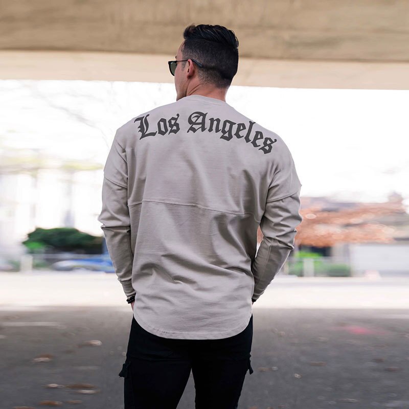 Fitness t-shirt herre løst sportstøj langærmet træningsdragt plus størrelse afslappet rundhalset sweater viser muskler træningsskjorter