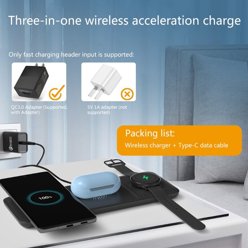 Kabelloses ladegerät 3 in 1 kabellose ladestation für samsung mobiltelefone, galaxy-axy smartwatch und ohrhörer