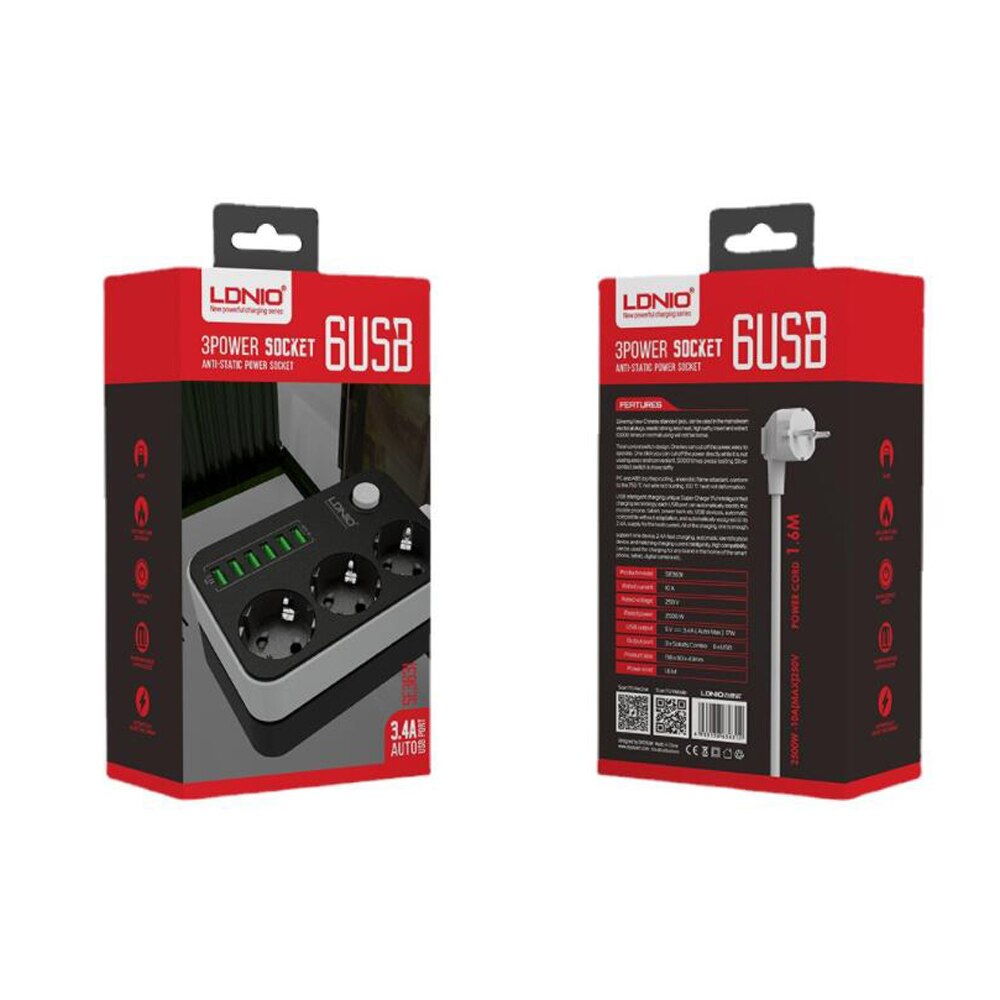 EU Power Strip with 3 Outlets 6 USB Ports 1.6m Extension Cord Surge Protector EU Plug Outlets smart Electric Socket