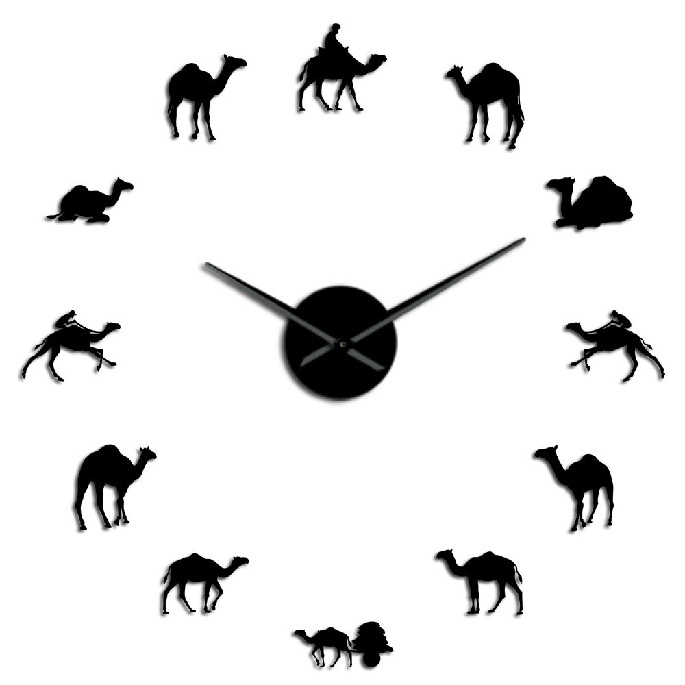 Dromedaris Arabische Woestijn Geest Dieren Spiegel Oppervlak Muur Horloge Bedouin Kameel Interieur Art Niet Tikkende 3D Muur Opknoping Horloge: Black / 27 inch