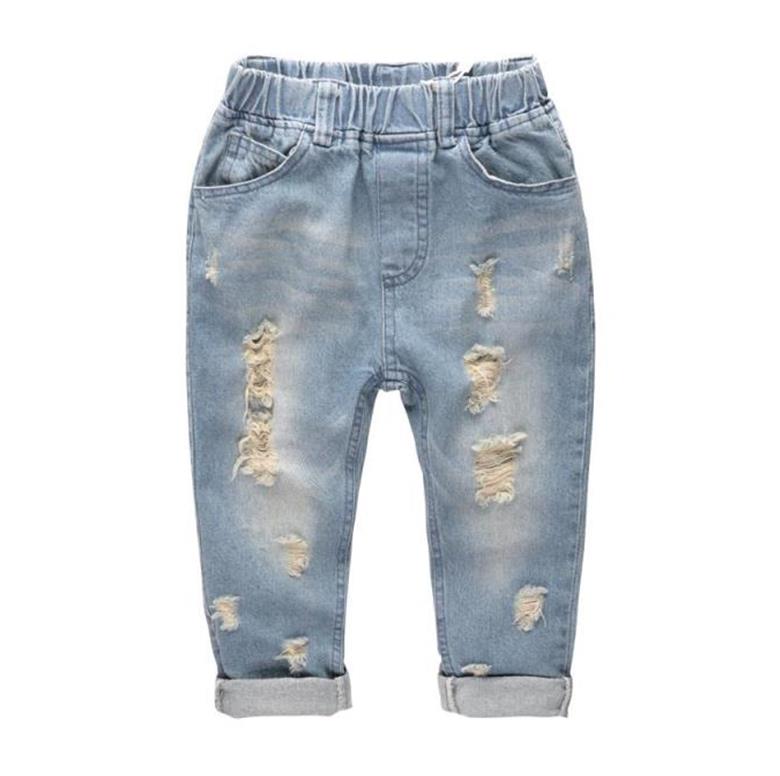 Jeans Kinderen Lente En Herfst Broek Kinderen Ripped Broek Baby Kinderkleding Effen Kleur Mode Broek Mid-taille