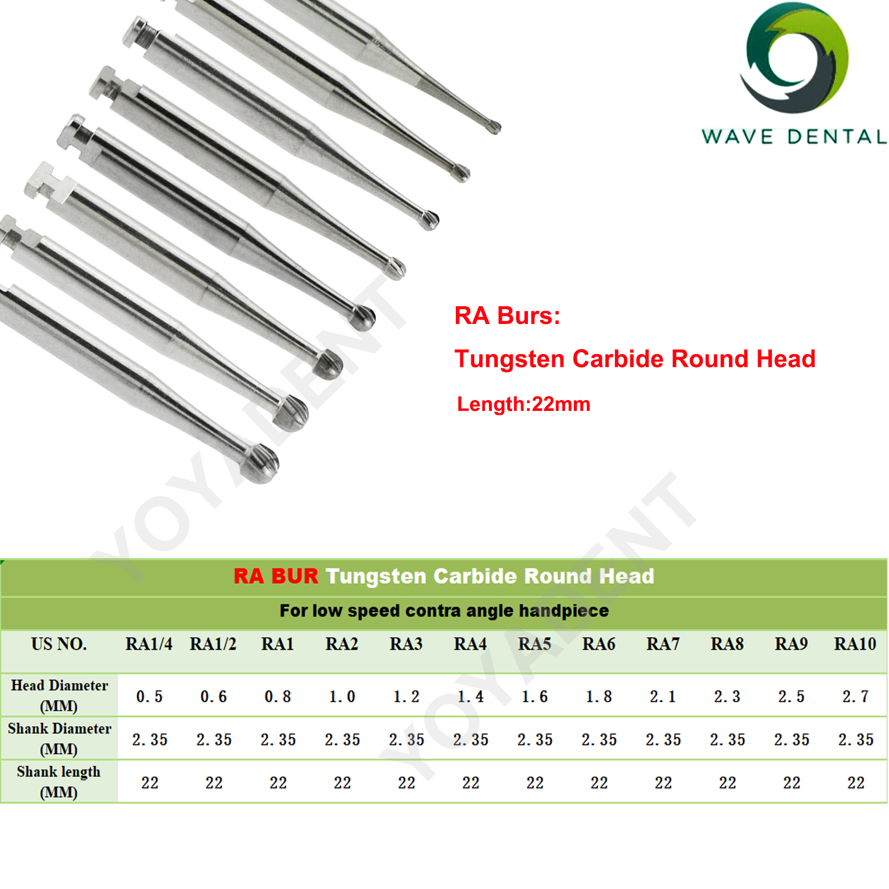 Fresas de carburo de tungsteno Dental WAVE, taladro Dental de cabeza redonda, fresas de implante RA SURG para pieza de mano de baja velocidad, herramientas de dentista, 5 unids/pack