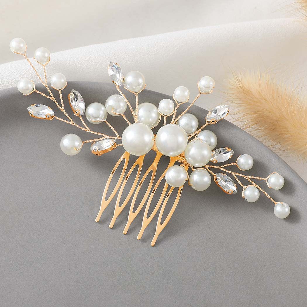 Peineta para el pelo de boda, horquillas y pinzas para el pelo de perlas para mujer, tocado de novia con diamantes de imitación, accesorios de joyas para el cabello de novia, 2025: Color dorado
