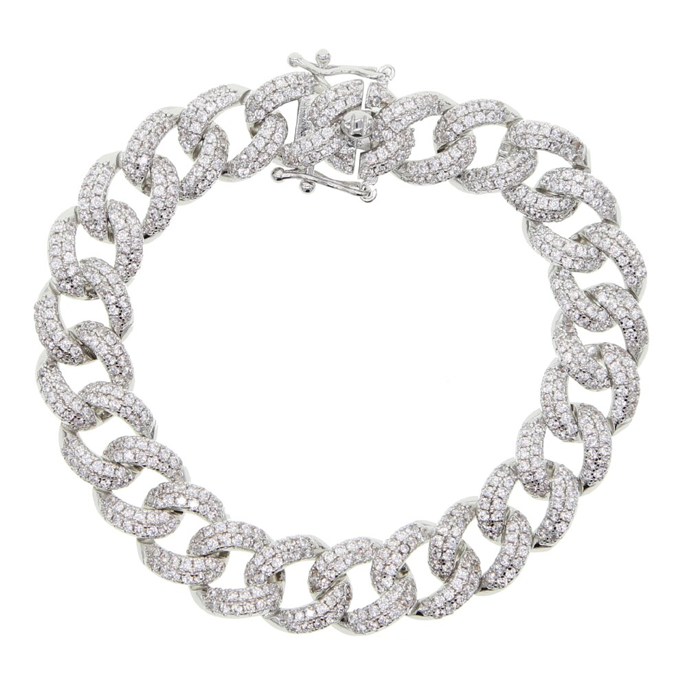 Micro pavé bling 5A zircon cubique cz hip hop glacé bling cubain lien chaîne bracelet pour femmes bijoux de charme: silver white cz / 17.5 cm