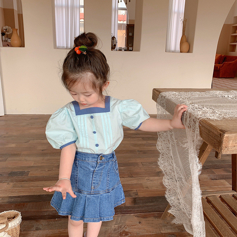 Zomer Koreaanse Stijl Baby Meisjes Katoenen Blouses Pure Kleur Bladerdeeg Mouw Tops Peuters Kids Vierkante Kraag Shirts