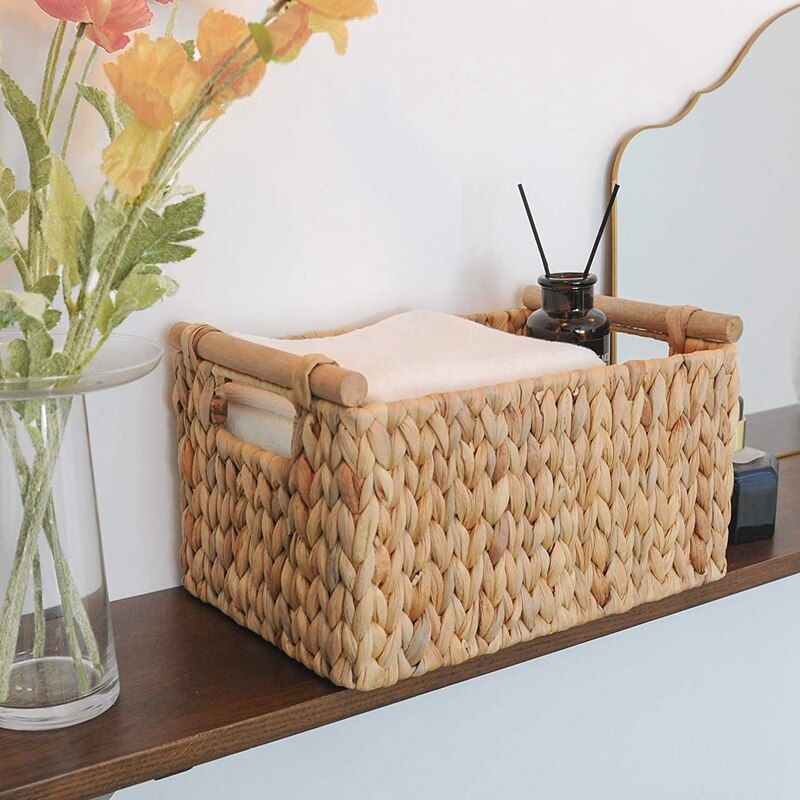 Hand-Woven Jumbo Storage Baskets with Wooden Handles, Water Hyacinth Wicker Baskets for Organizing, 2-Pack