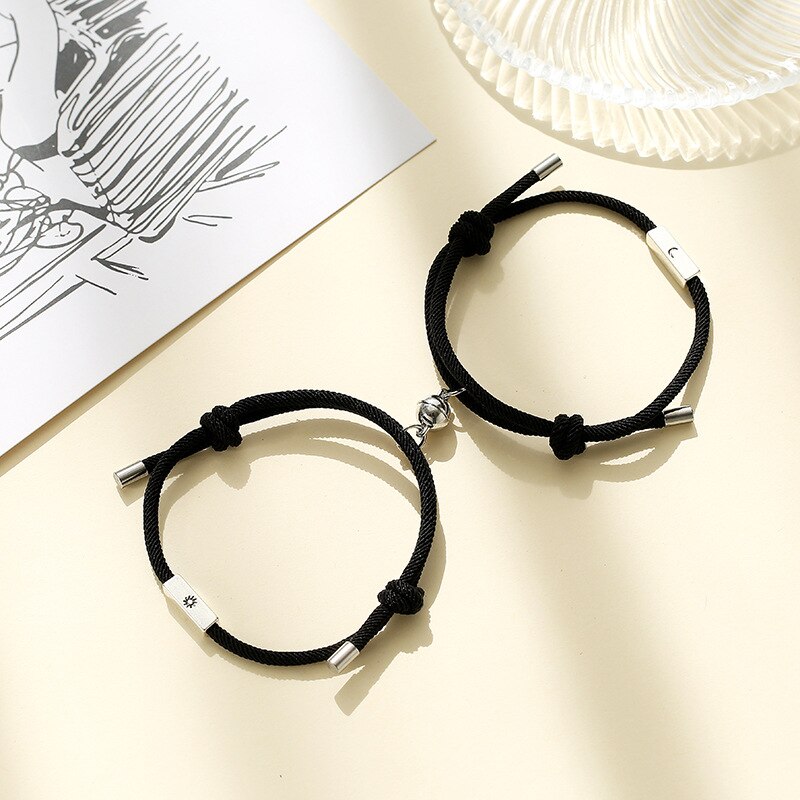2 teile/satz Sonne Mond Paar Armbänder verrotten Schnur Freundschaft Schmuck Magnetische Glocken Perlen Einstellbare Seil Armbinde Handgemachten Schmuck: Mond Marine