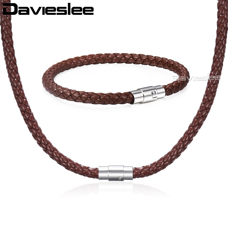 Davieslee Men Women&#39;s Leather Jewelry Set Black Brown Braided Rope Leather Bracelet Necklace Set Jewelry 4 6 8mm DUSM04