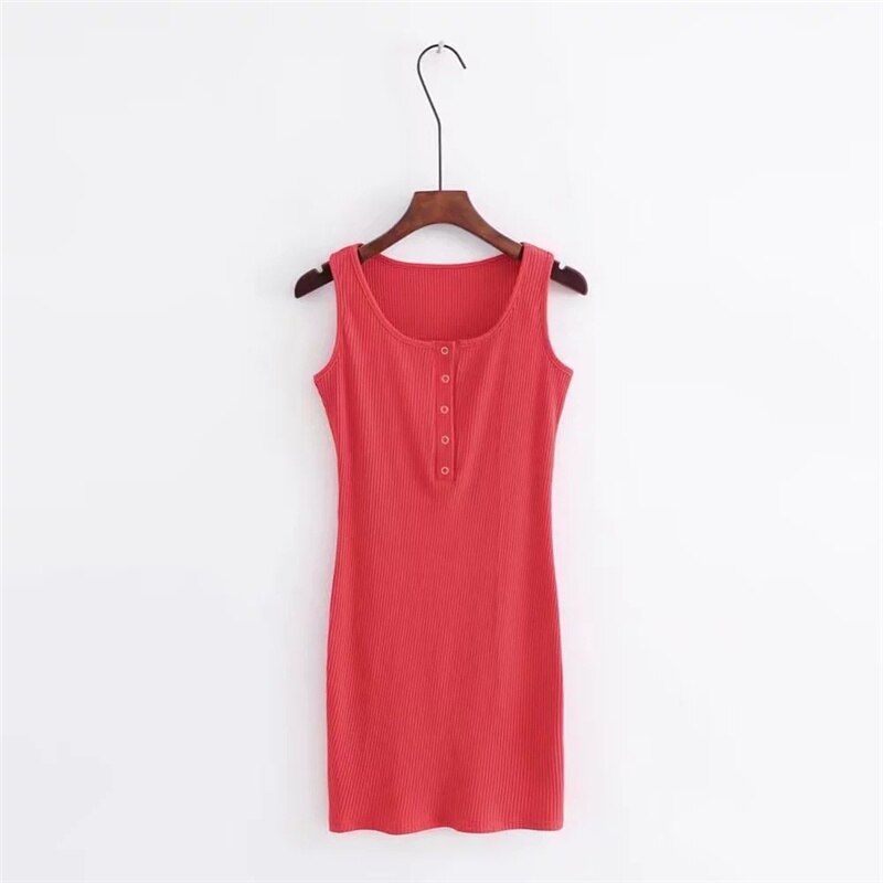 Ellacey Spring Summer Knitted Dress Female O-neck Button Brief Mini Dress Sleeveless Tank Sheath Bandage Dress: Red / M