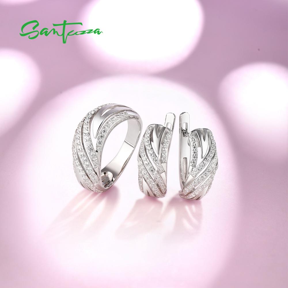 SANTUZZA Schmuck einstellen Für Frauen Reine 925 Sterling Silber Funkelnden Weiß Zirkonia Ring Ohrringe einstellen Einfache Schmuck