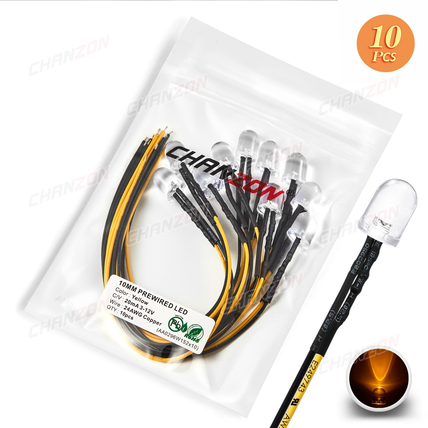 10pcs Bright 10mm Prewired LED 5V 6V 9V 12V Light Beads White Red Green Blue Yellow Emitting Diode Pre Wired Cable DIY Lamp Bulb: Yellow