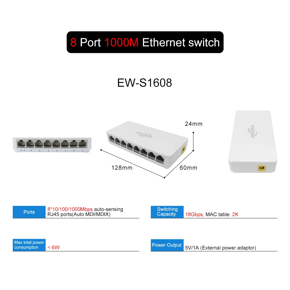 RJ45 Port Ethernet Switch 10/100/1000Mbps Ethernet Switch 5/8 Ports Desktop Gigabit Network Switch Adapter Fast Auto MDI/MDIX: Yellow