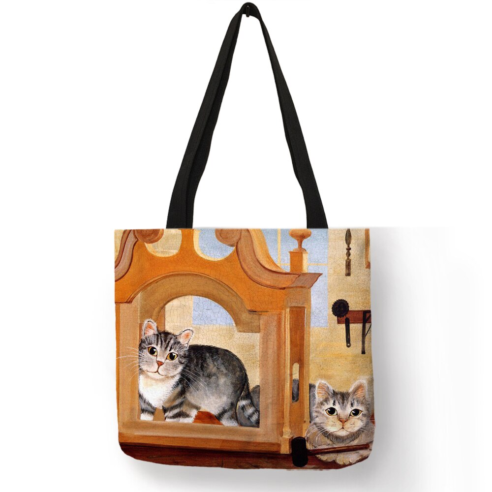 Eco Linnen Herbruikbare Boodschappentas Met Olie Kat Schilderen Vrouwen Mode Tote Bag Handtassen Student Reizen Schooltassen: 007