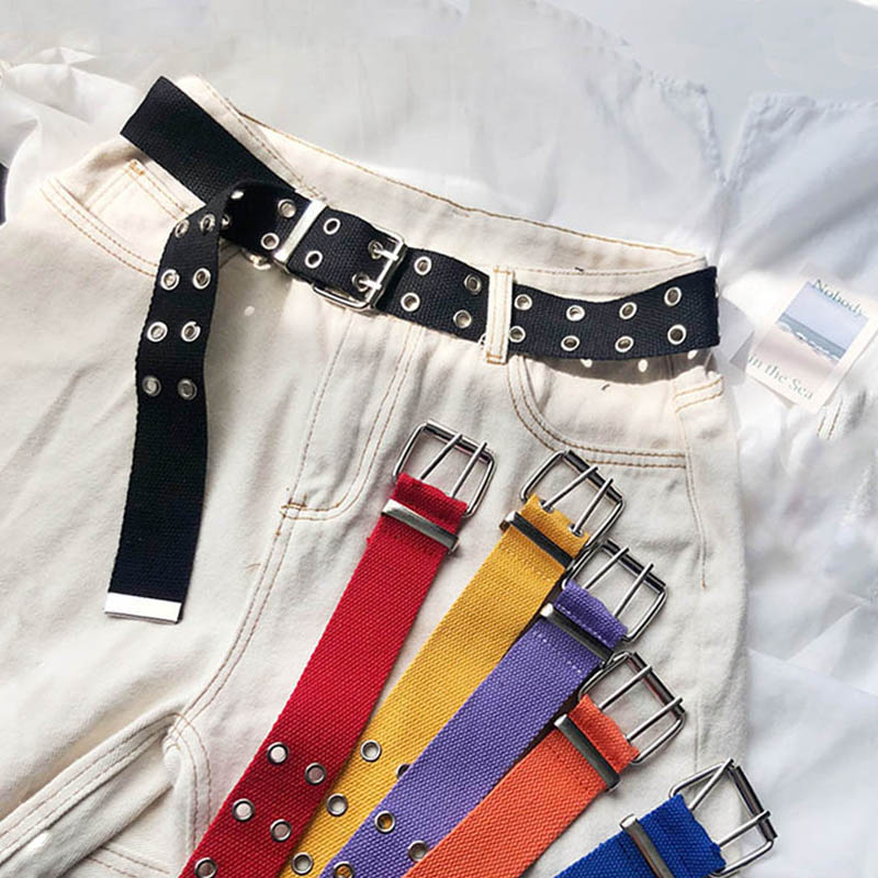 Punk Casual Canvas Unisex Riem Dubbele Rij Gaten Pin Vierkante Gesp Taille Riem Wit Zwart Student Vrouwen Mannen Jeans tailleband