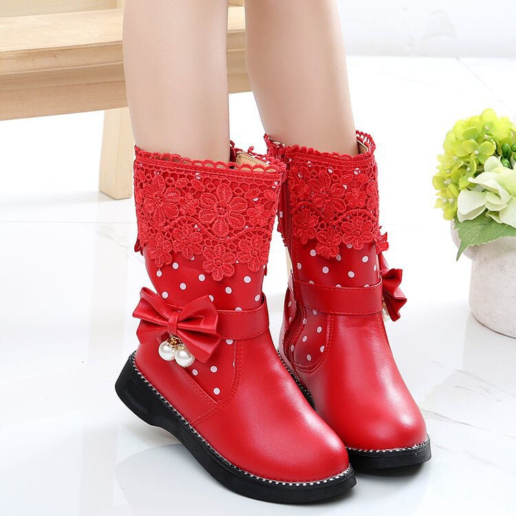 Bottes chaudes en coton pour filles, chaussures d'hiver à la pour enfants, bottes de neige en cuir PU avec dentelle et nœud papillon