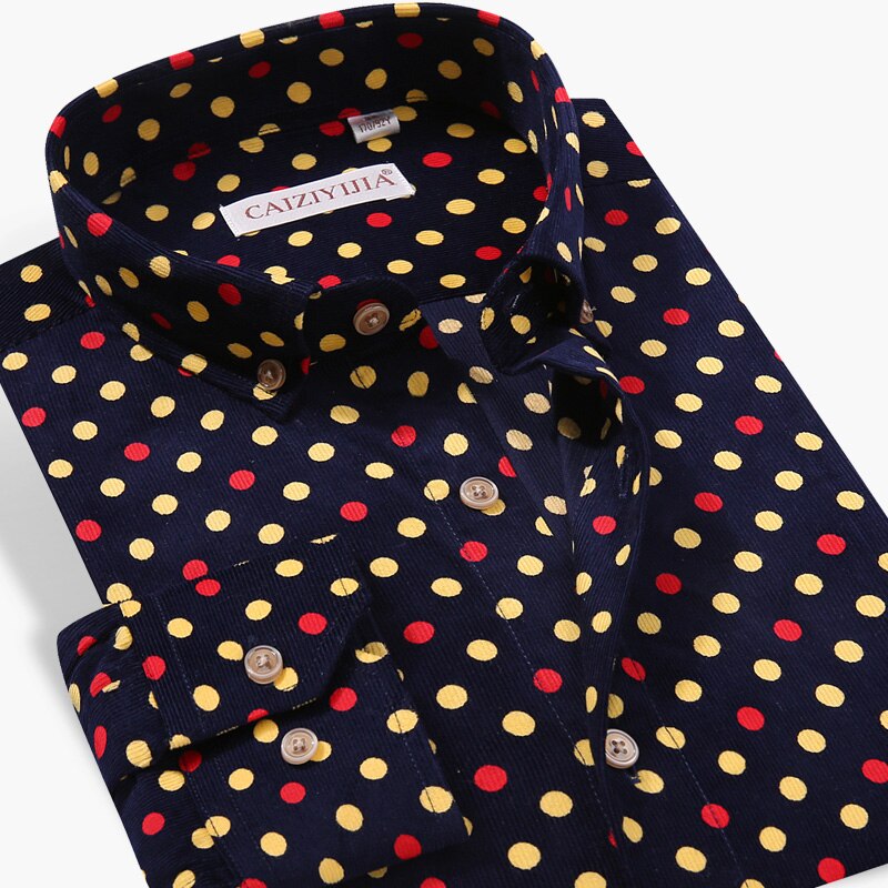 S/s Preview Mannen Polka Dot Afdrukken Lange Jurk Shirts Silm Fit Corduroy Camisa Masculina