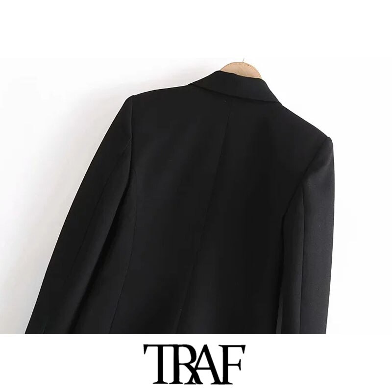 Blazer preto vintage com bolsos manga longa traf, veste feminina chique