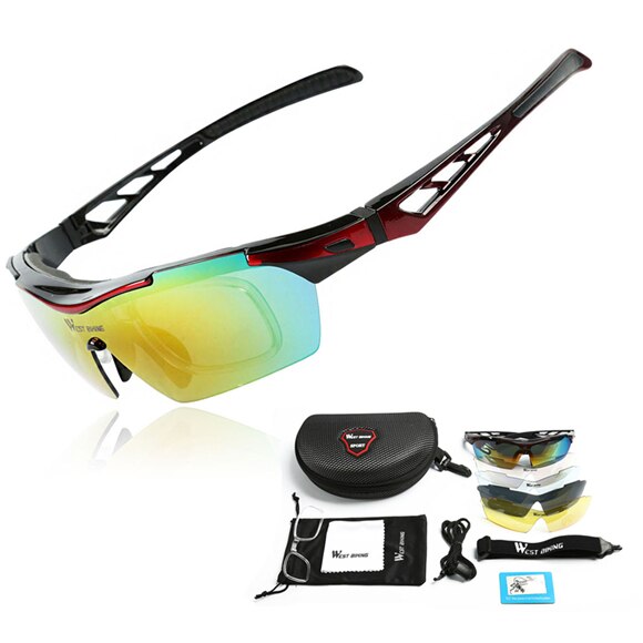 WEST RADFAHREN Radfahren Sonnenbrille Polarisierte 5 Objektiv Winddicht Anti-fog Mypia Rahmen Sport MTB Fahrrad Brillen Radfahren Gläser: black red