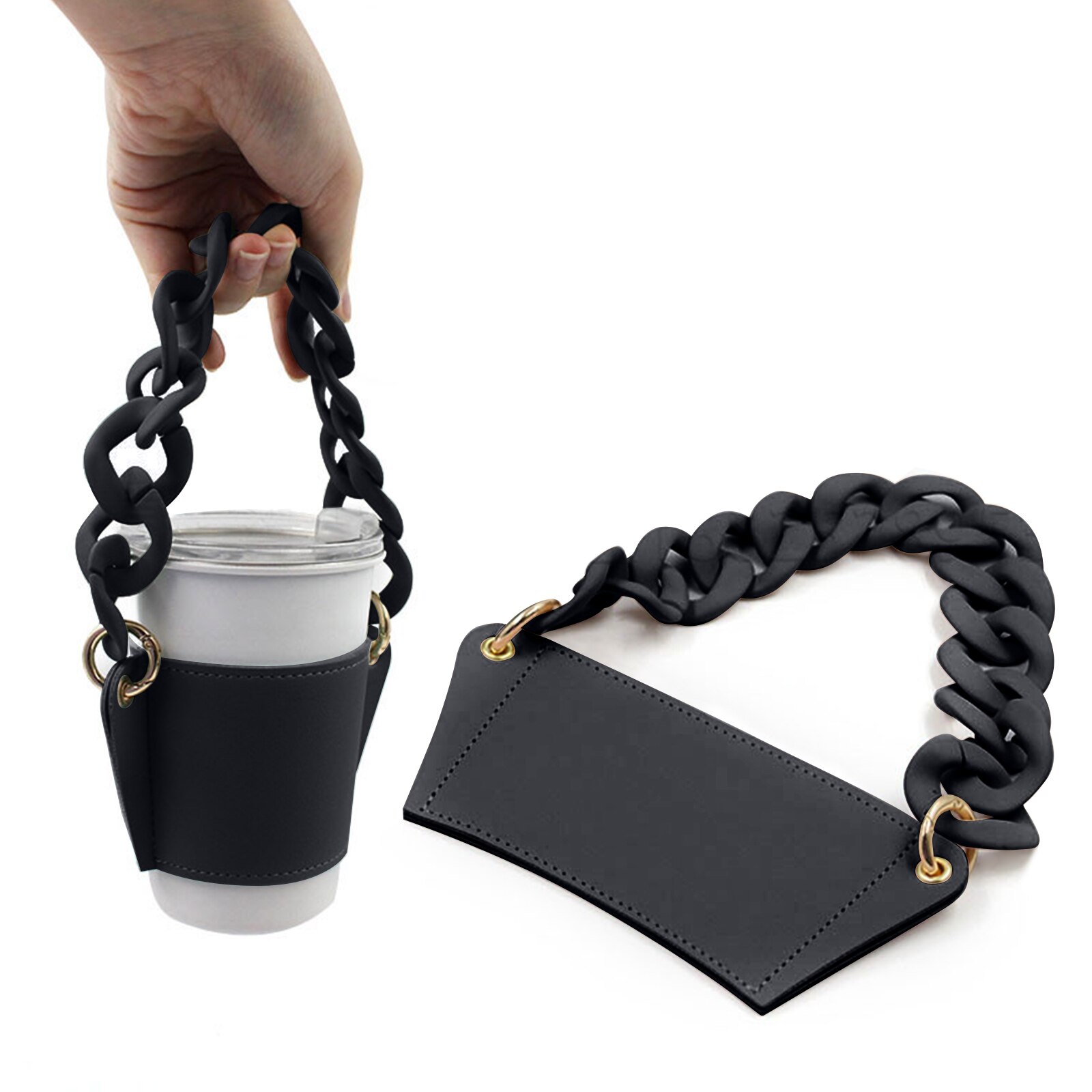 Gjenbrukbar kopp kaffehylse i skinn med kjede kaffe iskaffe erme skinn drikkeholder til kaffedrikker kaffepung: D