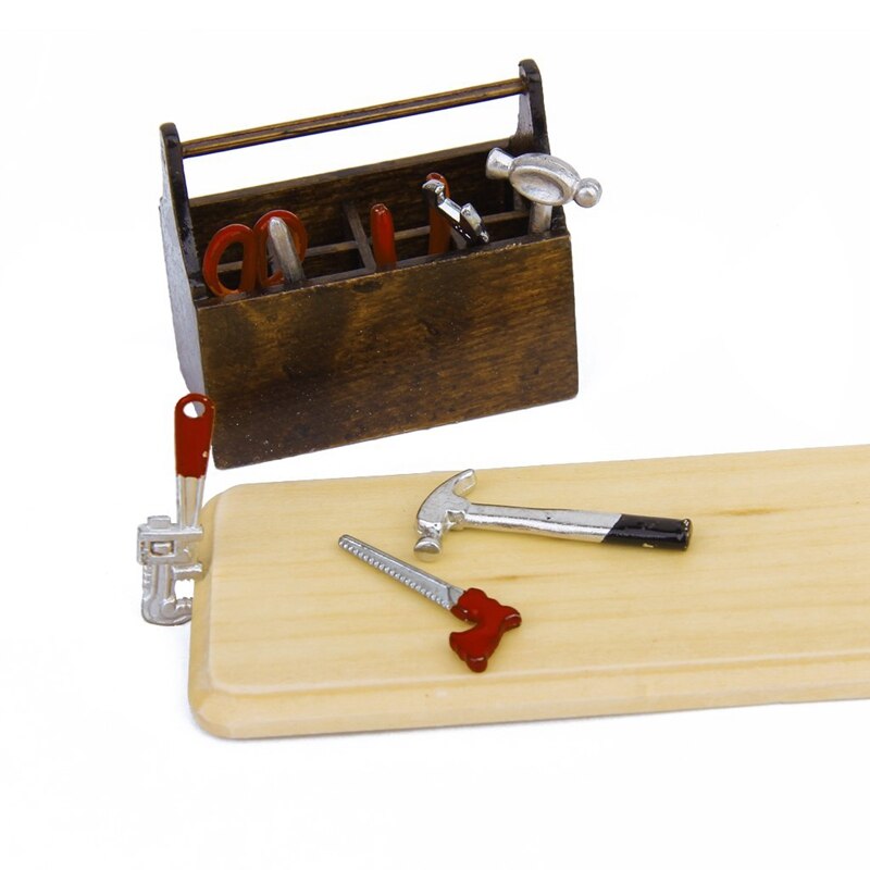 1/12 Dollhouse Miniatuur Houten Doos met Metalen Tool Set