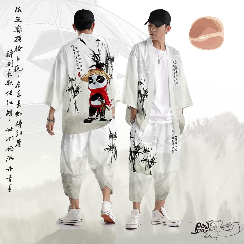 Hommes Style chinois décontracté en vrac Panda imprimer vestes route robe Kung Fu Tang costume japonais Kimono Haori Cardigan chemises manteau pantalon