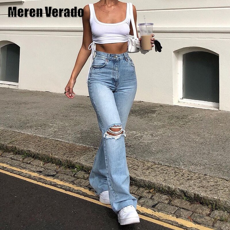 Femmes jean trou découpé en détresse déchiré femmes Flare jean taille haute Streetwear classique maigre jambe large Denim pantalon
