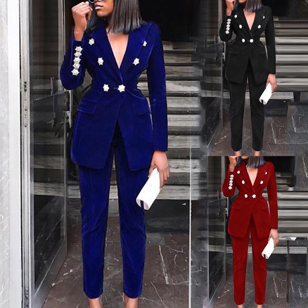 2pcs Women's Suit V-neck Solid Color Long-sleeved Trousers Suit Button Women Suits & Sets Office Ladies Wear G3