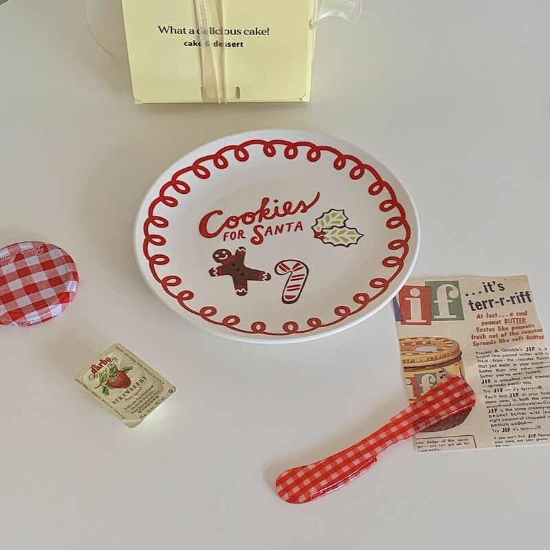Korean Style Christmas Cartoon Gingerbread Man Ceramic Plate Candy Red Lace Cake Dessert Plate Charger Plates