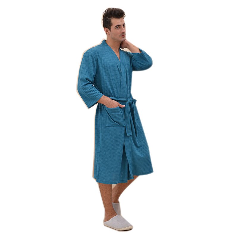 Grande taille robe de chambre homme gaufre Plaid peignoir homme solide bain Rob Hotel maison chemise de nuit à manches longues à lacets manteau pyjamas