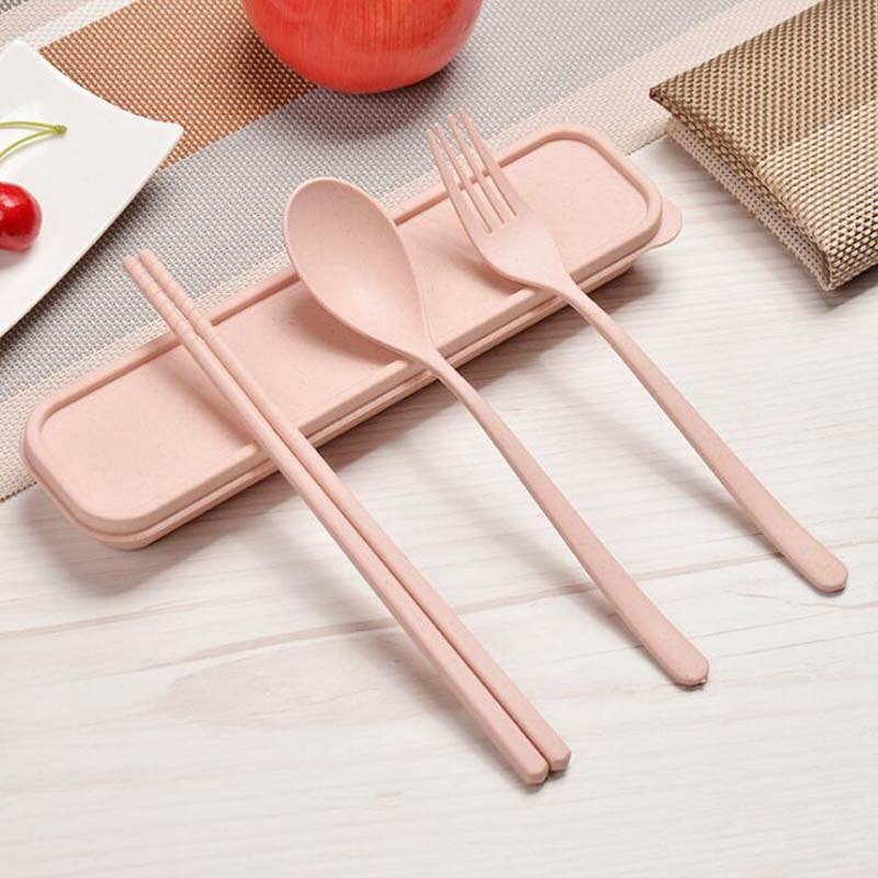 Juego de cuchara y tenedor de avión, juego de palillos para niños, plato de cena escolar, bandeja, vajilla de Almuerzo Bento caja para estudiantes: pink 3pcs