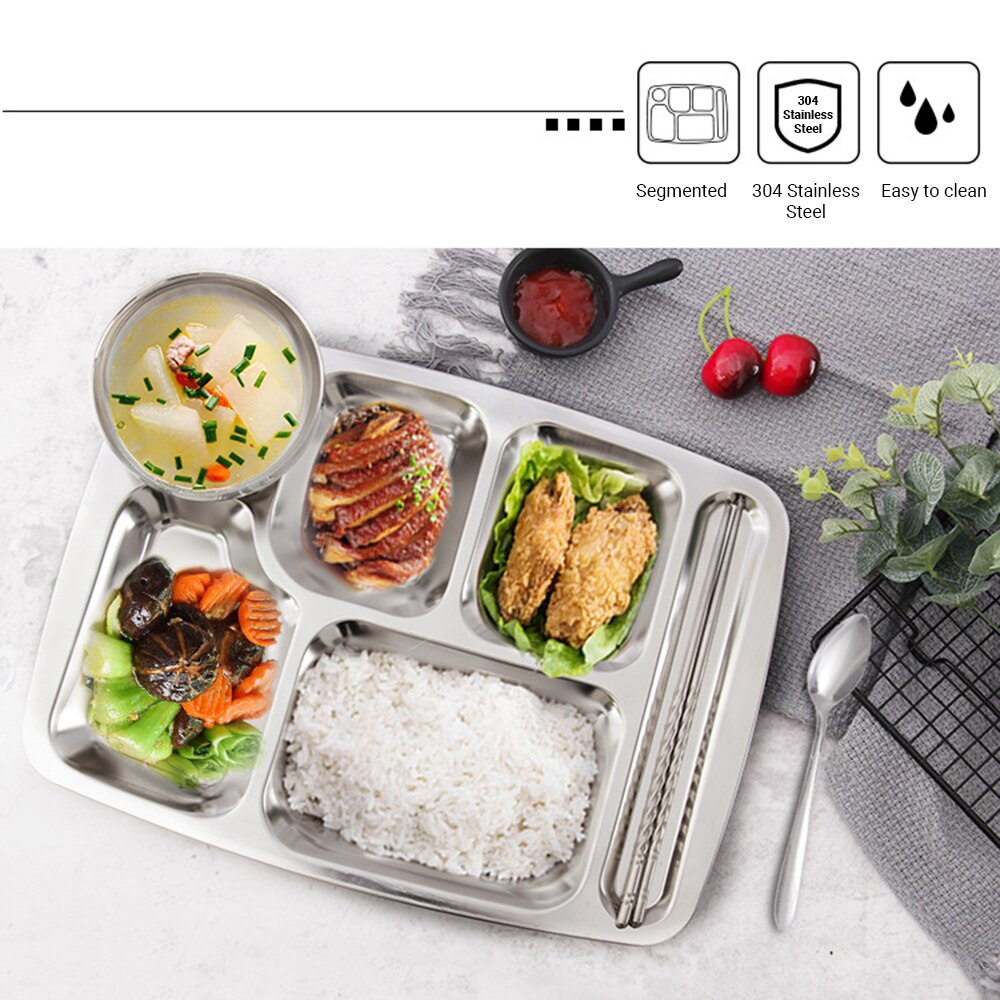 Stainless Steel Segmented Trays Divided Plate Meal Tray Food Serving Tray 6 Sections for Restaurant Factory Canteen Cafeteria