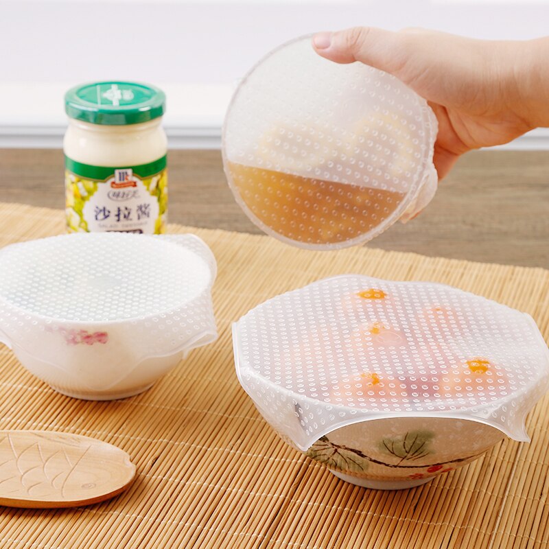 Film alimentaire en Silicone Transparent | 4 pièces, récipient pour aliments frais, scellé, couvercle sous vide extensible