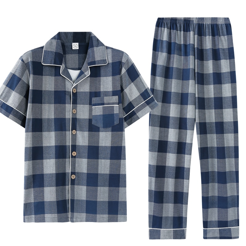 Sommer pyjamas bomuld herre pyjamas sæt turn-down krave cardigan blød plus size l -3xl mand pyjamas korte skjorter+lange bukser