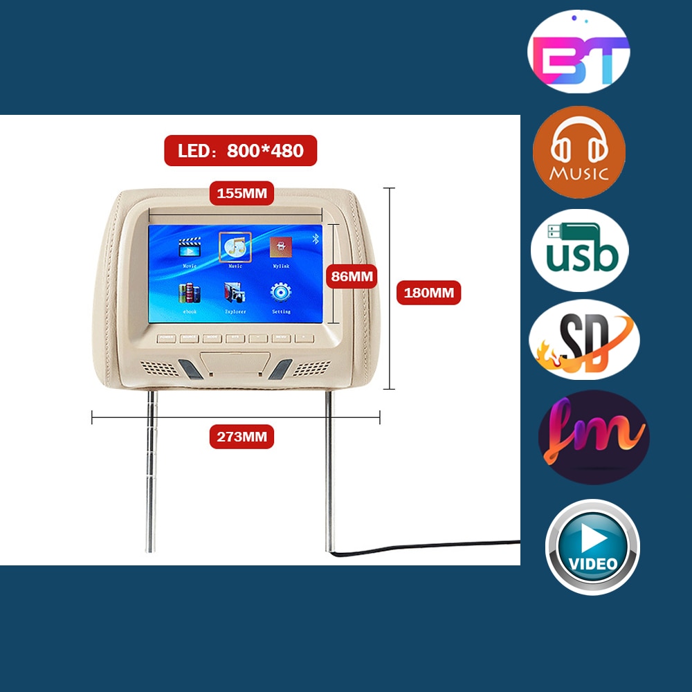 Universal- 7 Zoll Auto Kopfstütze MP4 Kissen Monitor Multimedia Spieler mit Leichter Stecker Adapter USB SD MP5 FM Lautsprecher