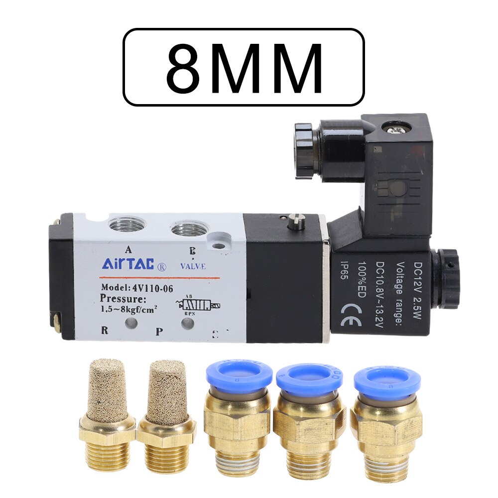 AIRTAC 4V110-06 5 vías 2 posiciones 1/8 "Electroválvula neumática DC 24V DC 12V AC 110V AC220V con 4mm 6mm 8mm racor: with-8mm-Fitting / DC24V