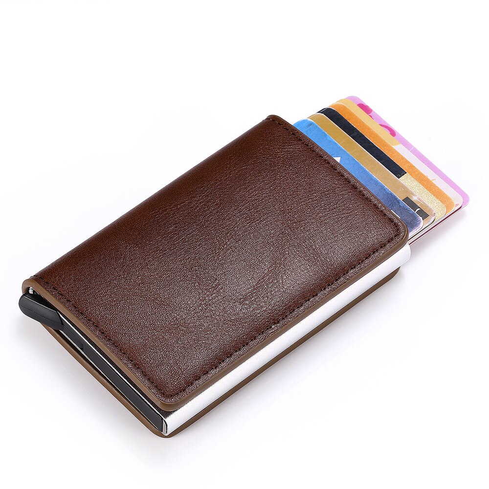QQD Anti-theft Brush Man Wallet Smart Auto Eject Card Box Purse Business Holder Rfid Wallet Aluminum Metal Credit Card Belt Bag: Dark Brown