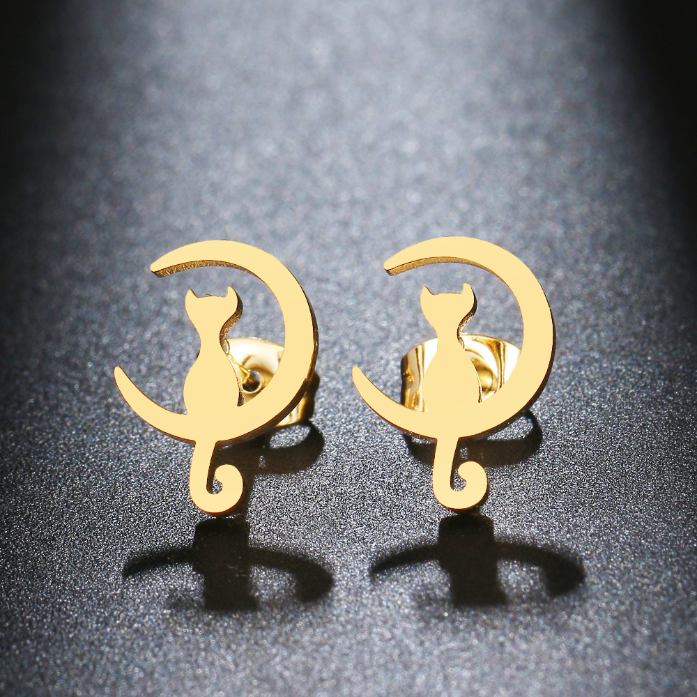 Rustfrit stål øreringe måne kat søde øreringe klassiske enkle øreringe til kvinder 2022 smykker bryllupsfest: Guld