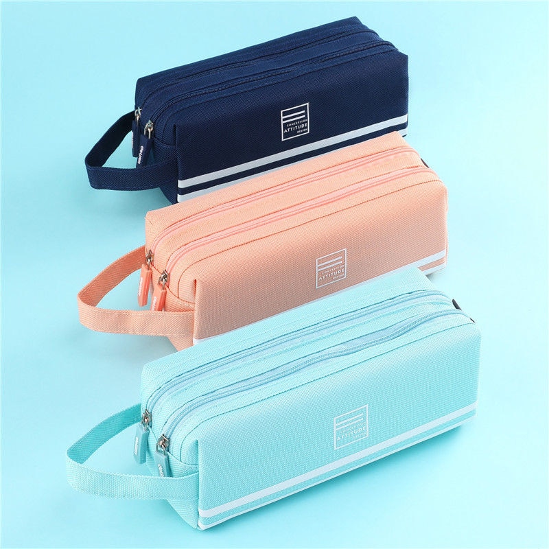 Large Capacity Pencil Cases Bag Zipper Solid Color Canvas School Student School Supplies Stationery Storage Bag 05176